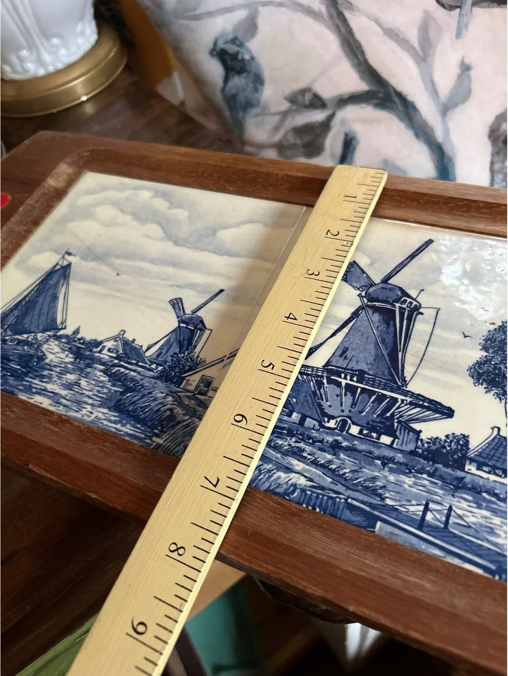 Vintage Wooden Serving Tray with Delft Blue Windmill Tile Inlay